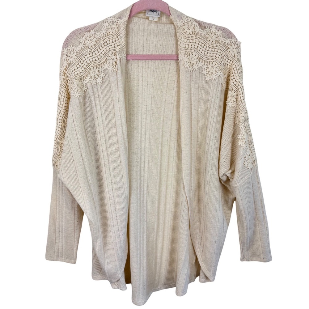 Daytrip Womens Cream Ribbed Knit‎ Crochet Lace Trim Open Front Cardigan Medium
